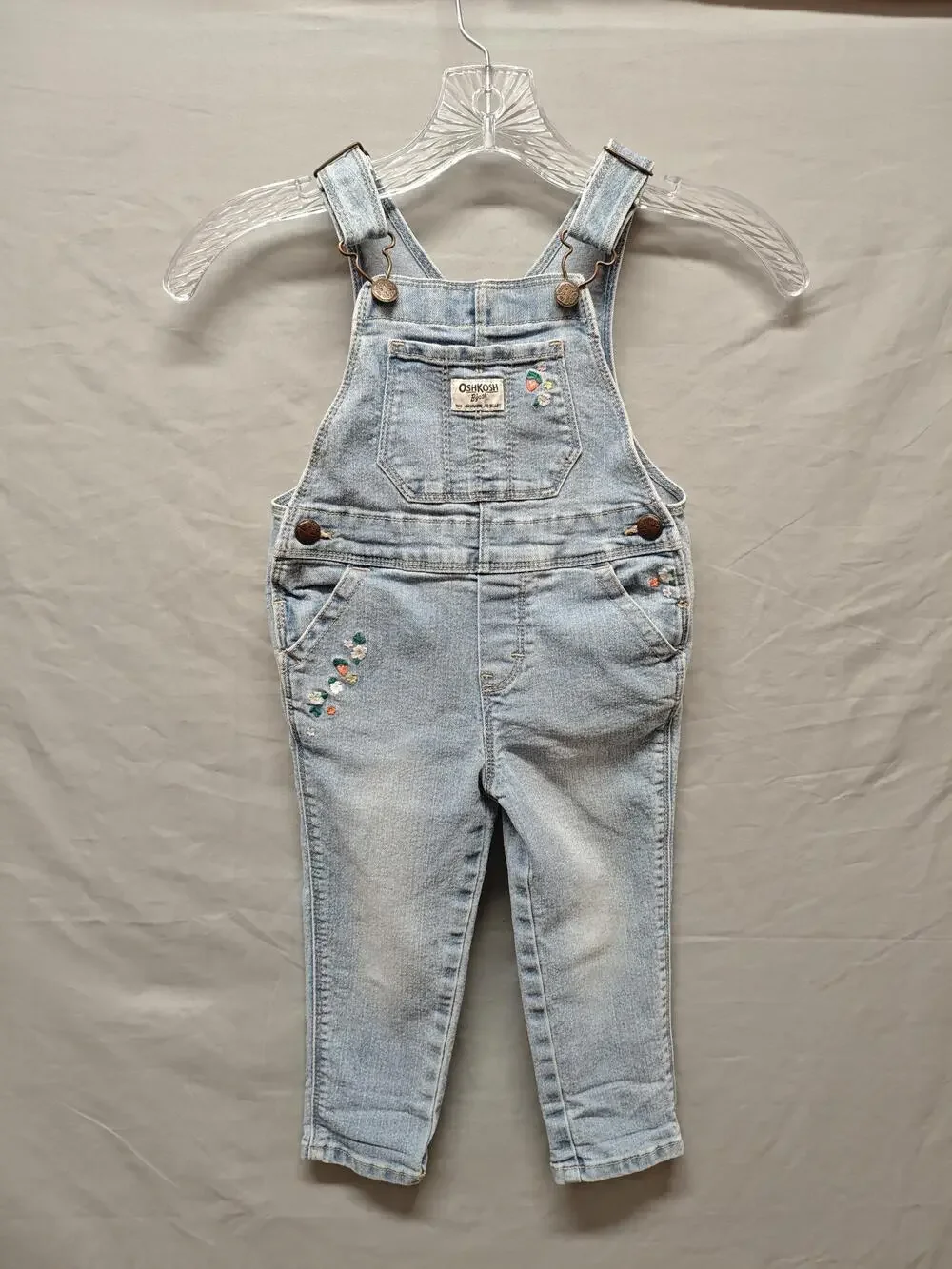 OshKosh B'gosh Overalls Girls Toddler 2T Light Wash Denim Embroidered Floral
